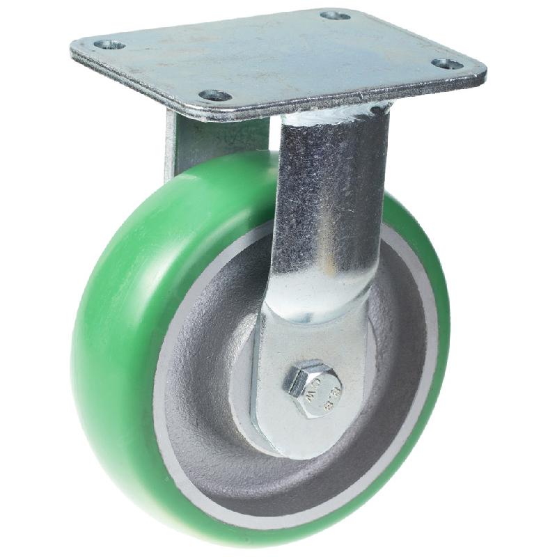 Roulette fixe de 160mm avec polyuréthane élastique convexe vert sur centre en fonte._0