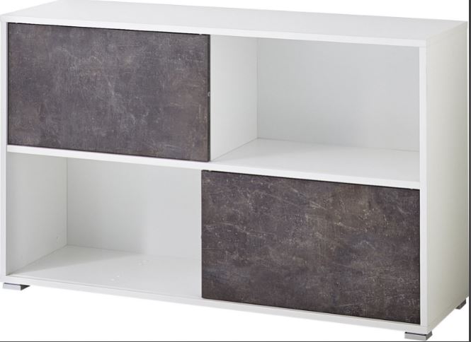 Armoire basse de bureau moderne blanc/basalte Mezzo - Deladeco - 120x74x36 cm - 2 portes coulissantes_0