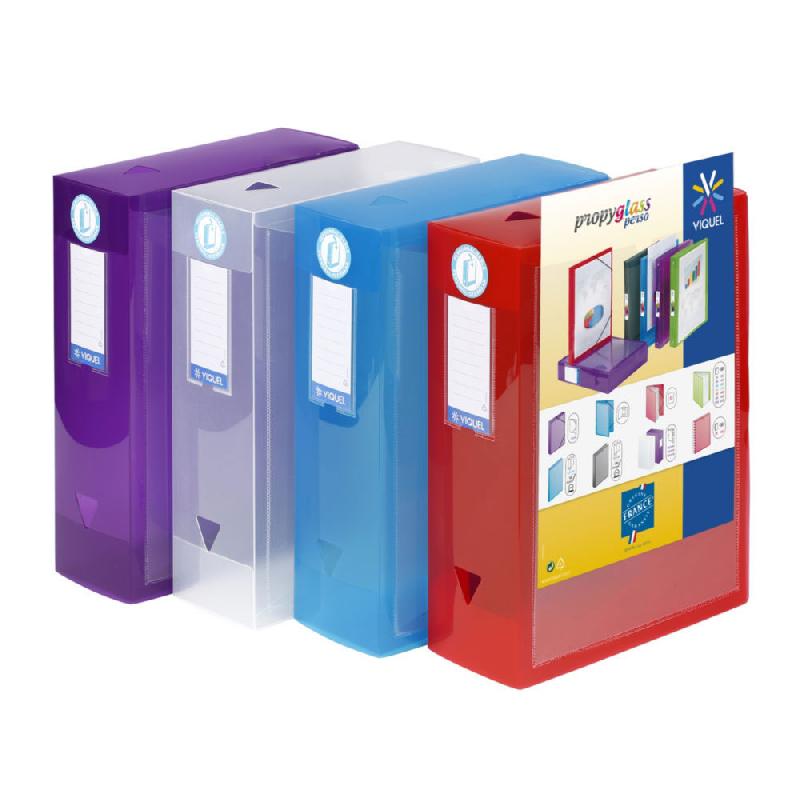 BOÎTE DE CLASSEMENT A4 VIQUEL PROPYGLASS PERSONNALISABLE EN POLYPROPYLENE - DOS 10 CM - COLORIS ASSORTIS - LOT DE 4