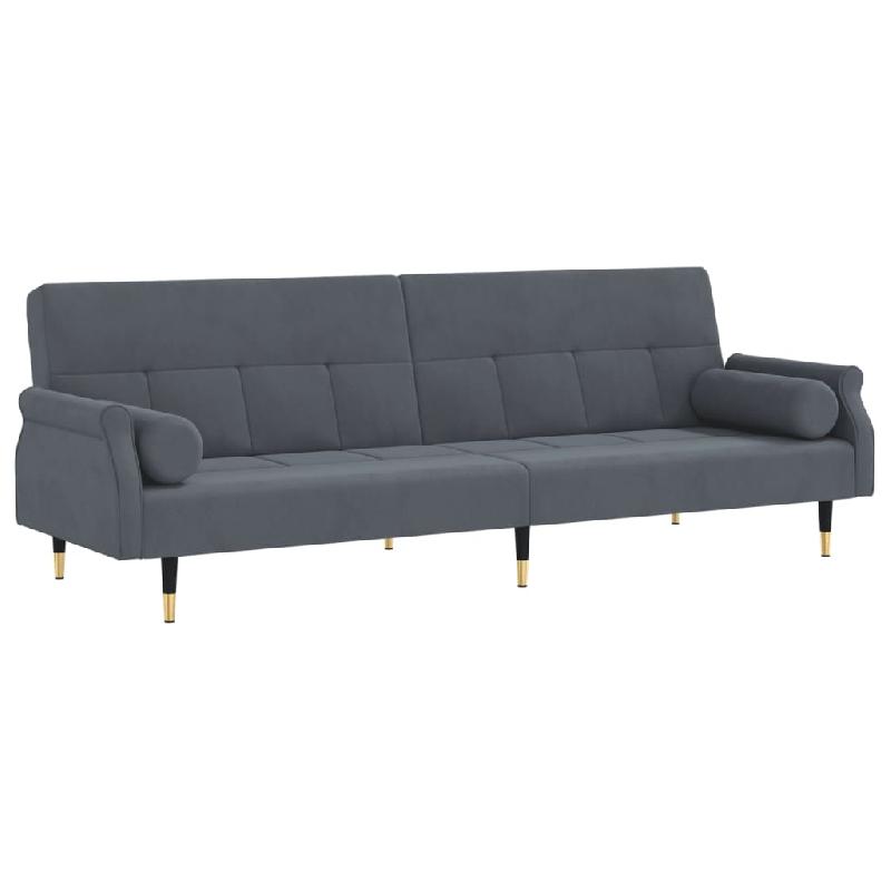 Canapé-lit en velours gris foncé - 216x89x70 cm avec coussins et pieds en métal - Réf 02_0020405_0