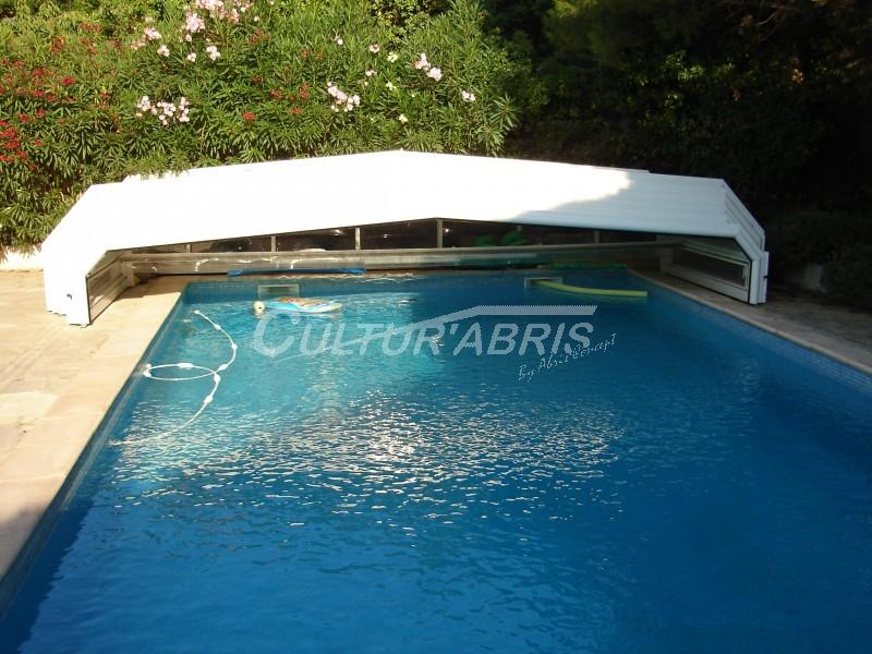 Abri piscine bas romane / télescopique / en aluminium, acier, et polycarbonate cristal / 8.6 x 5.29 x 0.85 m_0