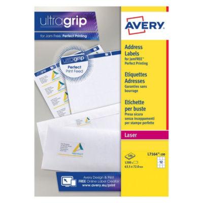 Avery L7164 Etiquettes auto-adhésives d'adresses laser, faciles à décoller, 63,5 x 72 mm - 100 feuilles, 12 étiquettes par feuilles A4 - Blanches - paquet 1200 unités_0