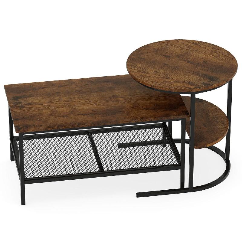 COSTWAY Lot 2 Tables, Aspect Marbre avec Cadre Métallique et Étagère, pour Salon et Chambre, Marron Rustique - marron Bois manufacturé VH35316OR_0