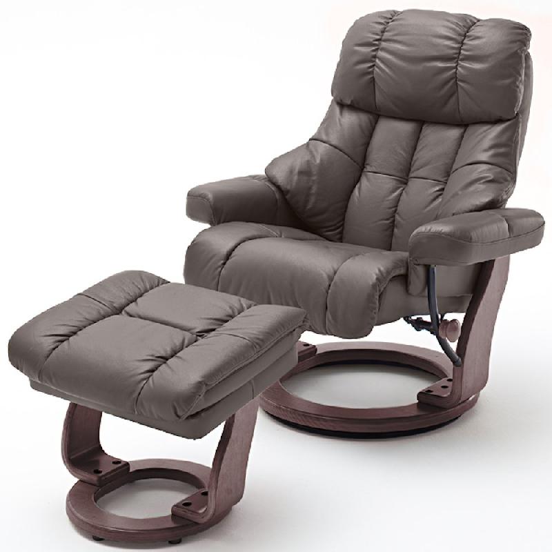 FAUTEUIL RELAX CLAIRAC XL ASSISE EN CUIR MARRON PIED EN BOIS COULEUR NOYER AVEC REPOSE PIED_0