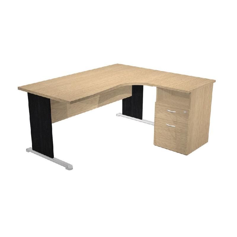 PACK PRONTO TENDANCE : 1 BUREAU COMPACT RETOUR À DROITE CHÊNE PIEDS NOIR + 1 CAISSON HAUTEUR BUREAU PROF. 60 CM