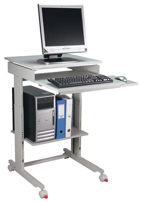 Table de travail pour PC - H720-1100xL600xP500 mm - gris clair RAL 7035 - mobile, hauteur réglable, tablette de clavier rétractable_0