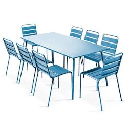 Oviala Business Ensemble table de terrasse et 8 chaises en métal bleu pacific  - Oviala - bleu acier 106042_0