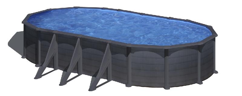 Piscine ovale acier 7,44m x 3,99m x H: 1,22m - gris anthracite - filtration à sable - renforts apparents_0