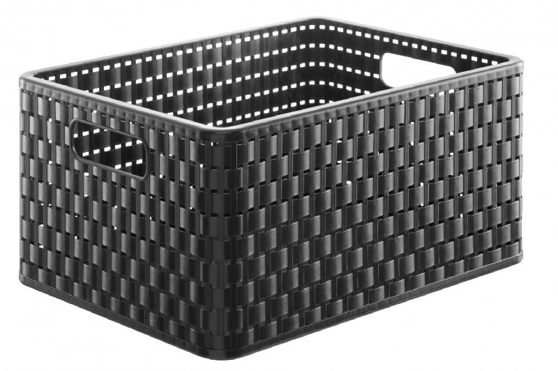 Bac de rangement plastique SUNDIS noir - 18L - l.27.8 x p.36.8 x h.19.1 cm - aspect rotin, superposable_0