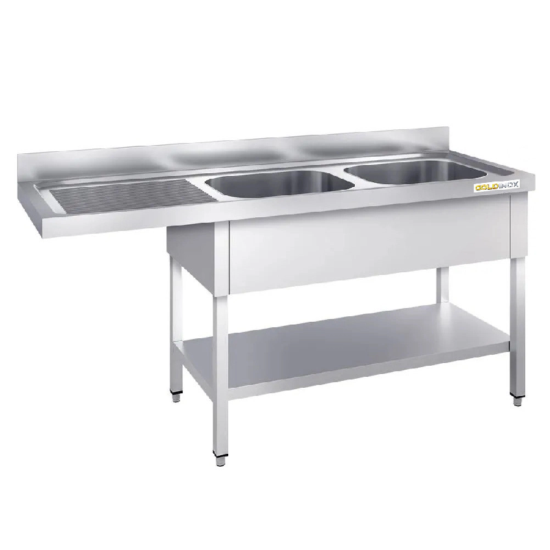 Plonge lave-vaisselle inox 2 bac 1600x700 mm avec égouttoir à gauche PREMIUM - GOLDINOX - inox 3701770816651_0