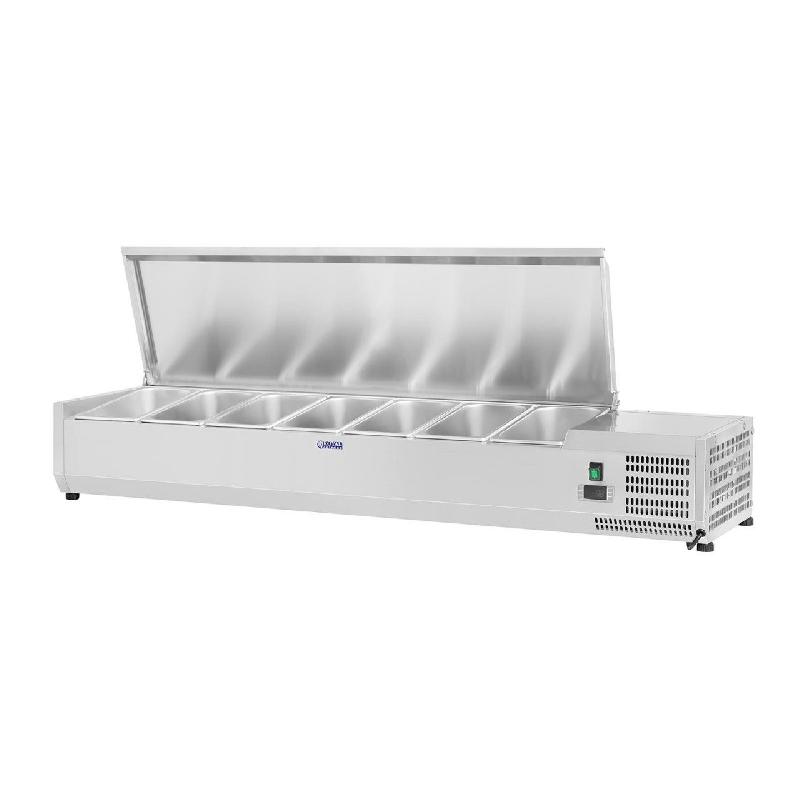 Saladette à poser en acier inoxydable - 150 x 33 cm - 7 bacs GN 1/4 - Réfrigération statique - Thermostat digital Dixell_0