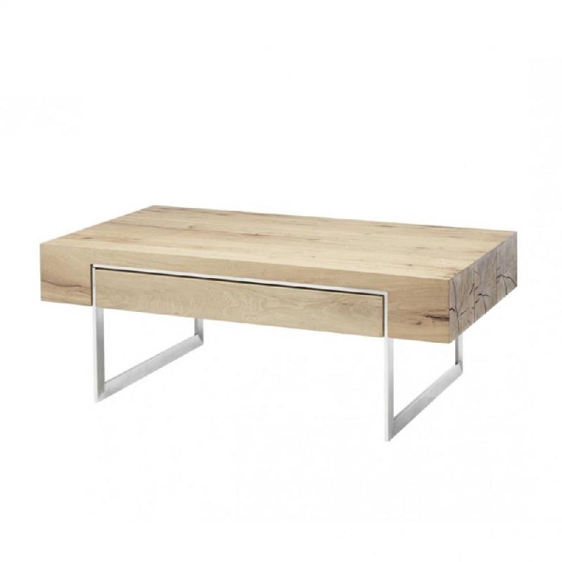 Table basse BATEO - 110 x 60 cm - Plateau chêne huilé - 1 tiroir - Piétement acier brossé_0