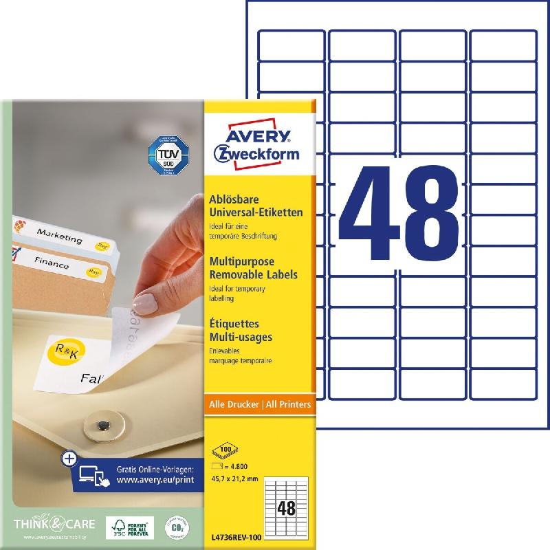 Avery Zweckform 4800 étiquettes enlevables Laser blanc, format 45,7 x 21,2 mm (100 feuilles A4 / cdt) - L4736REV-100_0
