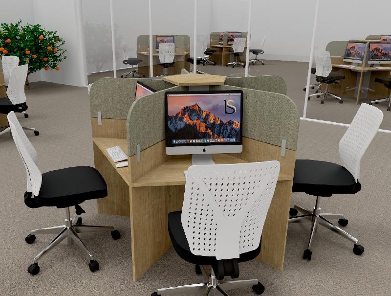 Bureau call center 5 places forme marguerite avec cloisons acoustiques. - 5 places, chêne veiné, beige da054_0