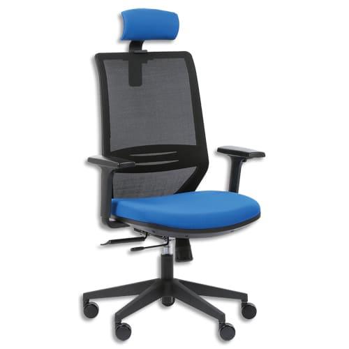 Siège Tecsy - dossier maille, assise tissu bleu, têtière, mécanisme synchrone, accoudoirs réglables inclus_0