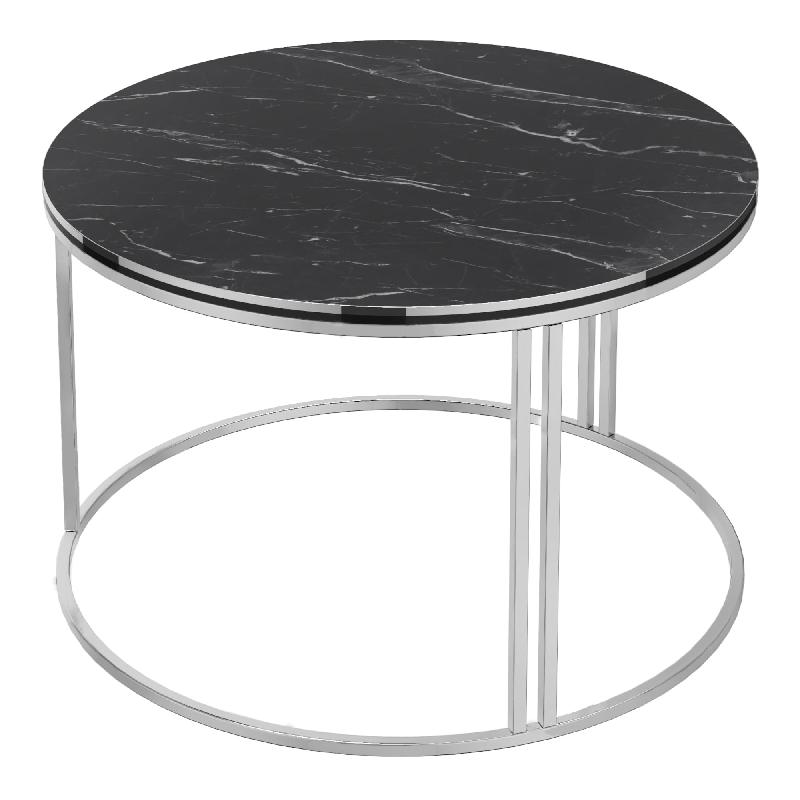 Table basse ronde 50 x 80 cm - plateau effet marbre noir - pieds en métal argenté - modèle 03_0008425_0