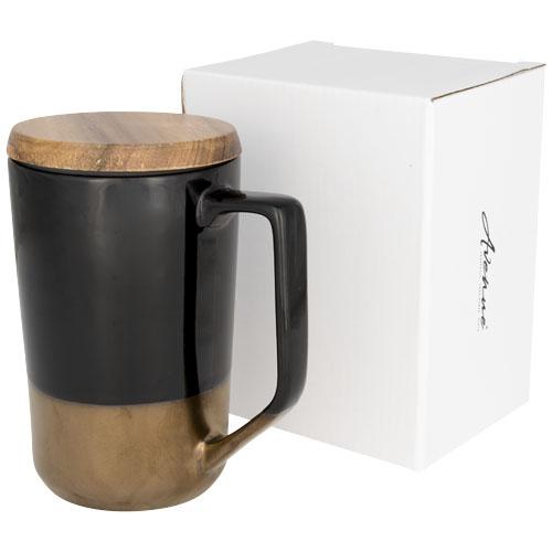 Tasse en céramique pour café et thé Tahoe - 470ml avec couvercle en bois et finition rétro_0