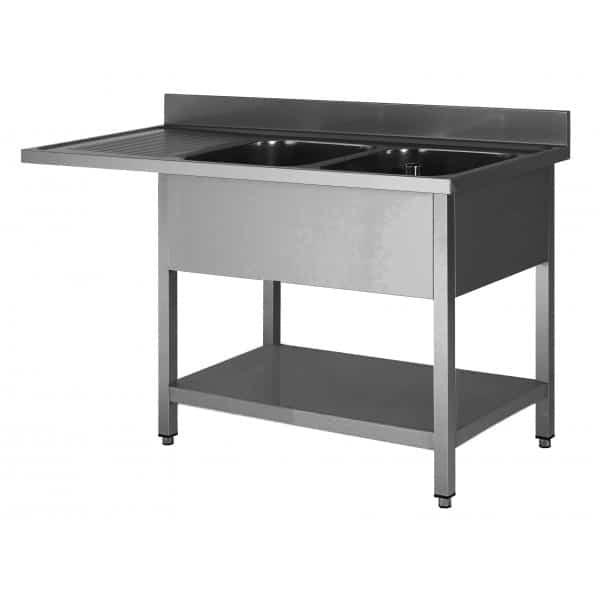 Plonge soudée sur pieds carré pour lave-vaisselle, avec étagère, inox AISI 304, 2 bacs, longueur 1600 mm (Position bac: Droite - Réf SPLV167-2BD-ETP-1_0