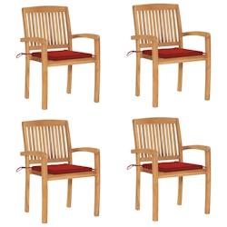 VidaXL Chaises De Jardin Empilables Avec Coussins Lot De 4 Teck Solide - rouge 3073216_0