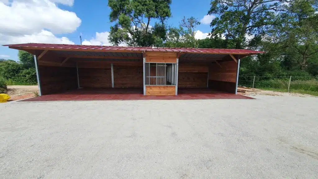 Abri double avec râtelier en poteaux métal - ABRATPRO - Bois Douglas et acier galvanisé - 3m x 3m_0