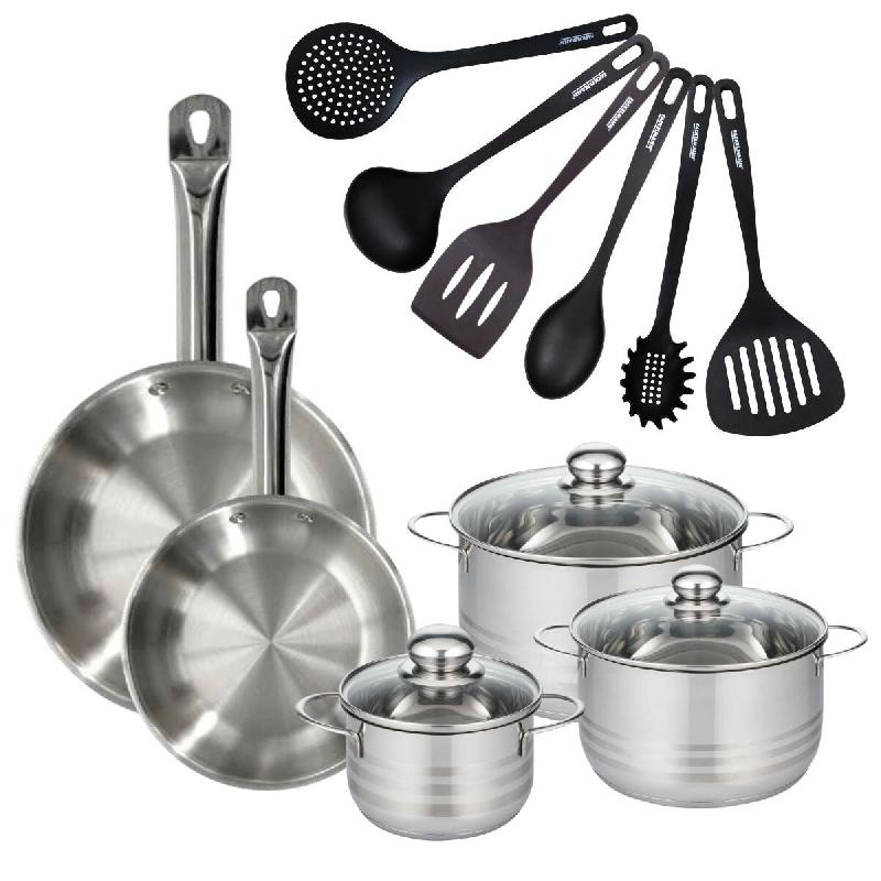 Batterie de cuisine 2 poêles 24/28 cm, 3 faitouts 20/24/16 cm et 6 ustensiles de cuisine Fackelmann Eterna - gris inox 3176239935226_0