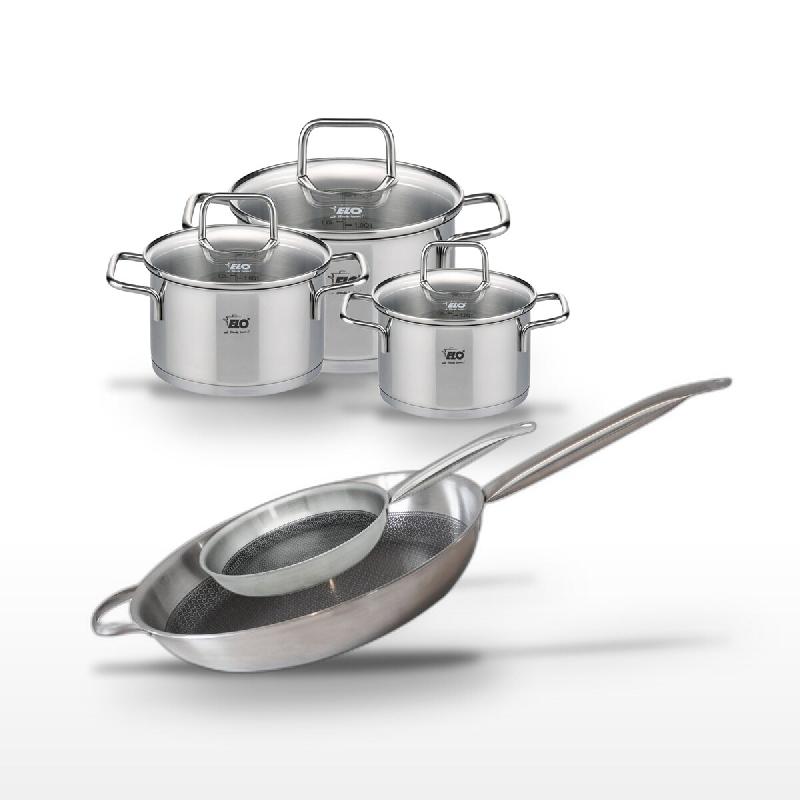 Batterie de cuisine avec 2 poêles 24/32 cm et 3 faitouts 14/16/20 cm en inox et sans PFAS Elo Collection Relief Solution Citrin - gris 3176239940039_0