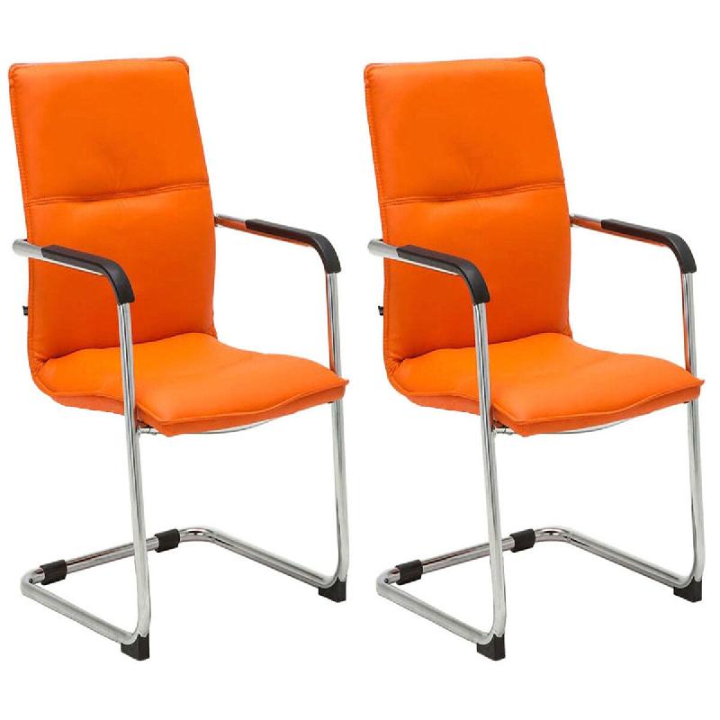 Décoshop26 - Lot de 2 chaises de bureau fauteuil visiteur avec accoudoirs en PVC orange et métal aspect chromé 10_0007869 - 3000266348547_0