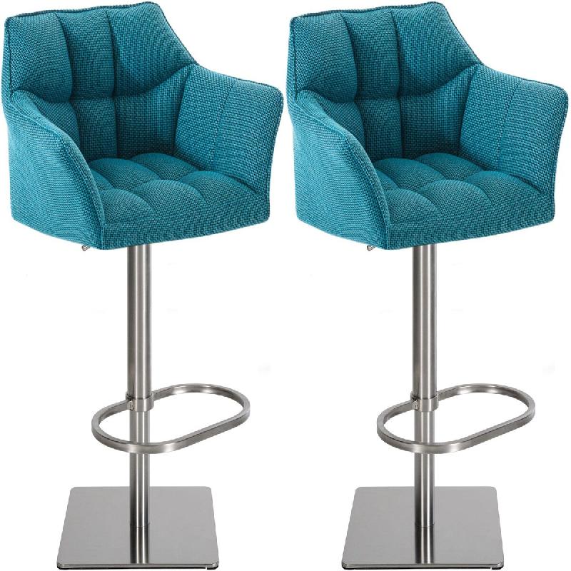 Décoshop26 - Lot de 2 tabourets de bar réglable en tissu turquoise assise enveloppante capitonnée et avec base carrée en acier 10_0006296 - acier_0