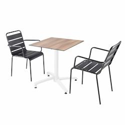 Oviala Business Ensemble table de terrasse stratifié chêne foncé avec 2 fauteuils gris - gris métal 110837_0