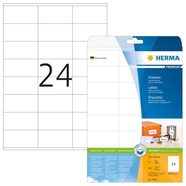 HERMA 600 étiquettes blanches Premium, format 70 x 36 mm (25 feuilles A4 / cdt) - 4360_0