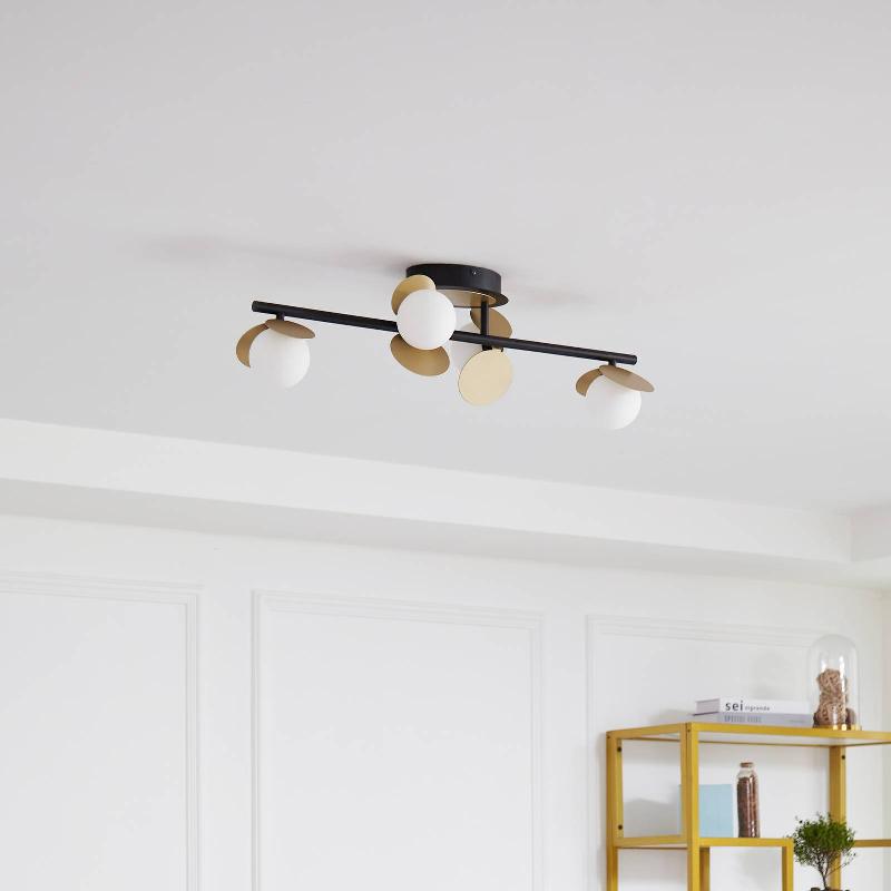 LUCANDE PLAFONNIER LED PALLO, 4 LAMPES, NOIR/OR, VERRE
