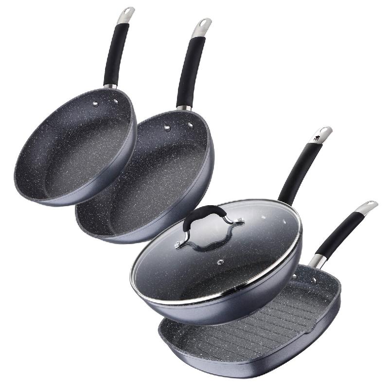 Masterpro - Jeu de 2 Poêles Ø20/Ø24 cm, Wok Ø28 cm et Poêle Grill 28x28x4,5 cm en Aluminium Forgé Compatibles Induction Couleur Gris - PK9029_0