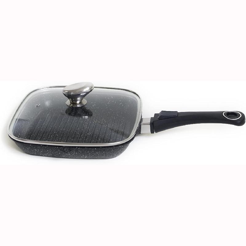 POÊLE GRILL 24 X 24CM FAÇON PIERRE AVEC COUVERCLE EN VERRE - EN FONTE D'ALUMINIUM - PRADEL EXCELLENCE - PREMIUM