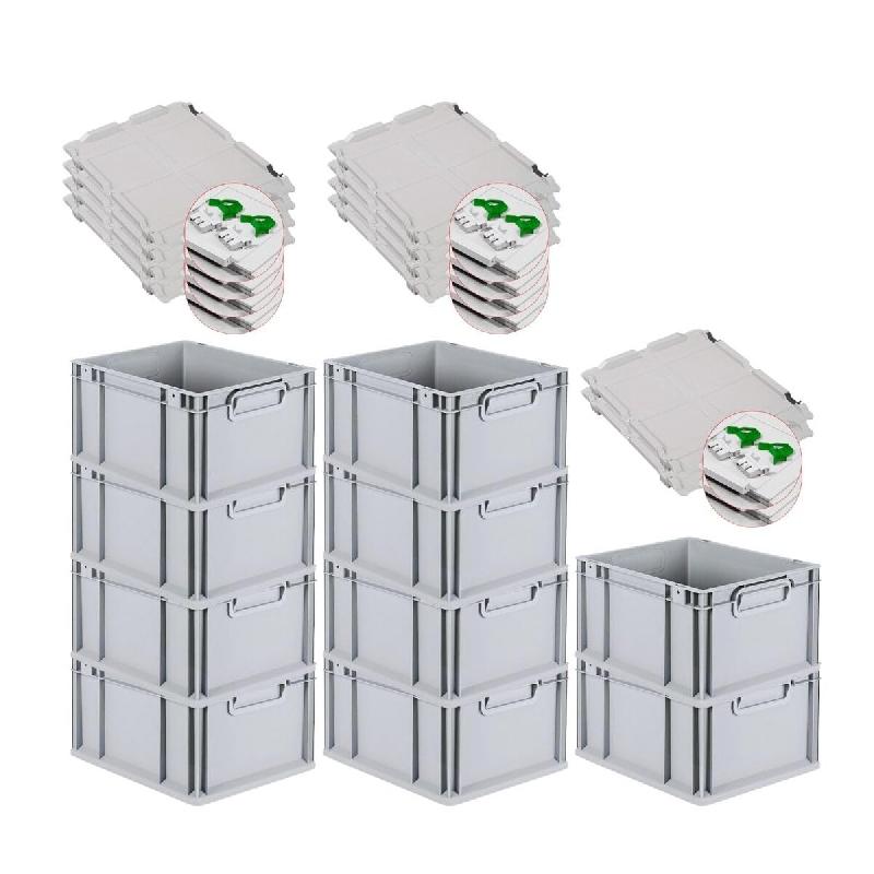 PROREGAL 10x Bac Euro NextGen Economy couvercle à charnières, fermetures à glissière vertes, poignées fermées, 22x30x40cm, 20L - noir plastique_0