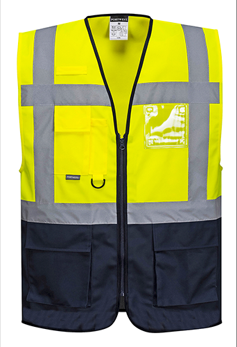 Gilet exécutif Warsaw jaune marine C476, taille S - bandes réfléchissantes, 7 poches, certifié CE après 50 lavages_0