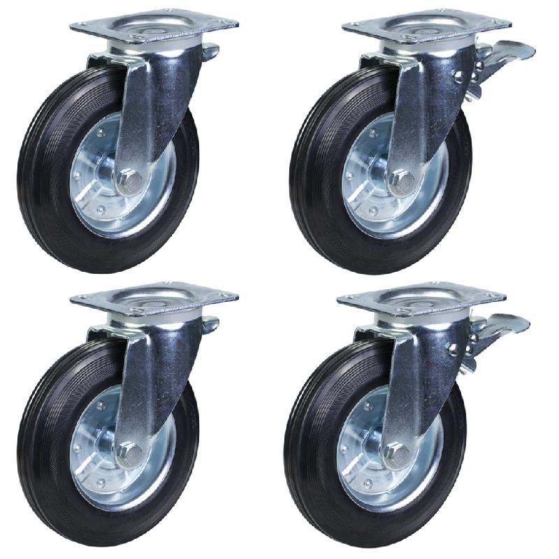 4 - Roues en caoutchouc de 200 mm Roulettes pour poubelles - pivotantes et pivotantes freinées 1100 litres_0