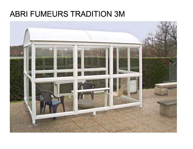 Abri fumeur Tradition / structure en aluminium / bardage en verre securit / cendrier / banc assis-debout / éclairage_0