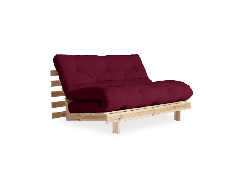 CANAPÉ CONVERTIBLE FUTON ROOTS PIN NATUREL COLORIS BORDEAUX COUCHAGE 140*200 CM._0