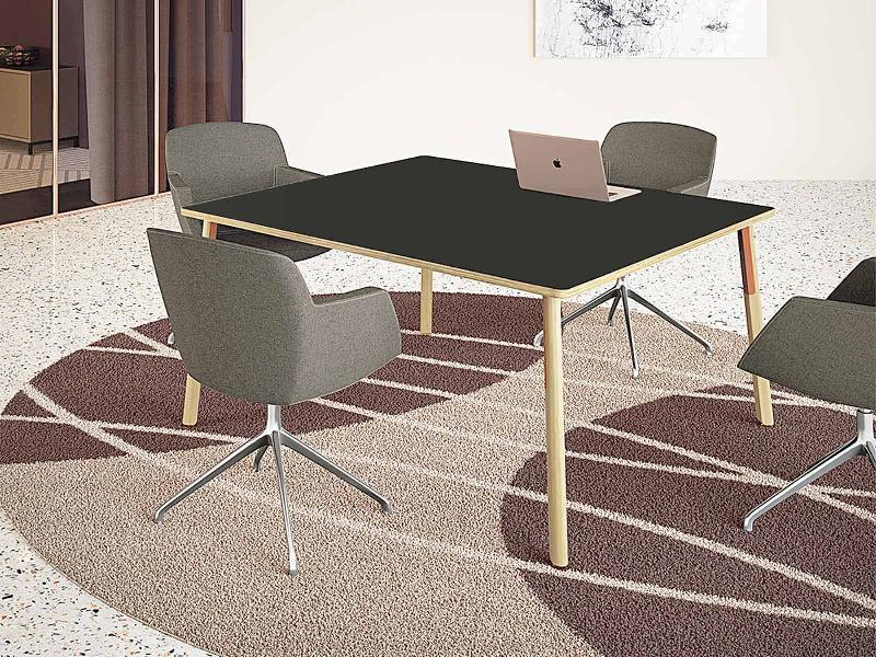 Table de réunion carrée Elan - plateau soft touch antibactérien, piètement mixte acier bois_0