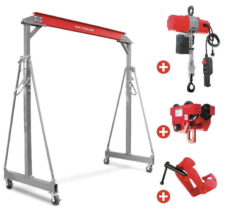 Grue à portique 1 t + palan électrique à chaîne sans fil 3 m 230 V avec chariot et pince à poutre MW Tools PTLK1-SETKTMR_0