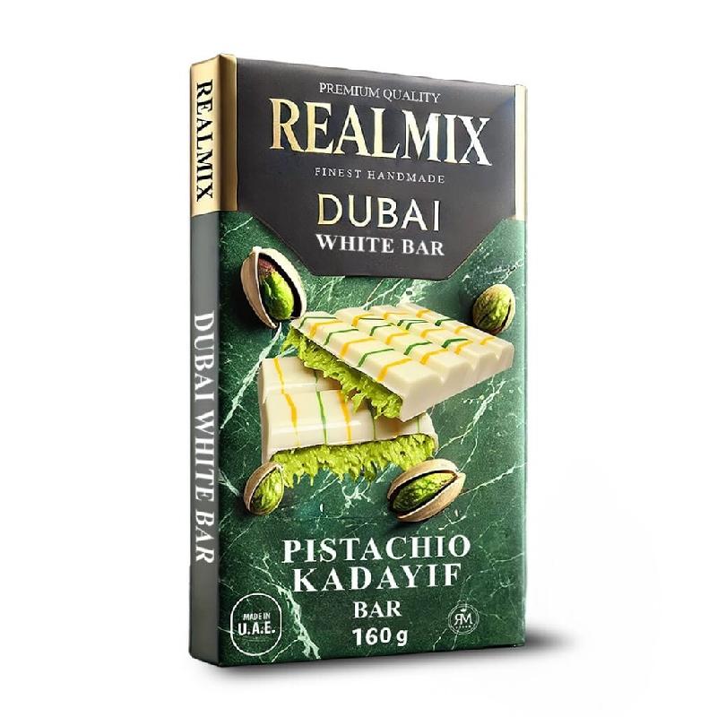Carton de 28 tablettes | REALMIX Chocolat Blanc Dubaï avec pistaches et remplissage Kunafa | Fabriqué à Dubaï U.A.E. | 160 g - 9120060950785_0
