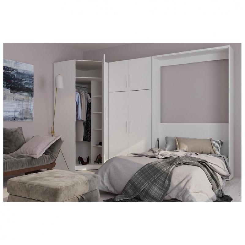 COMPOSITION ARMOIRE LIT ESCAMOTABLE SMART-V2 BLANC MAT COUCHAGE 160 X 200 CM ARMOIRE 2 PORTES + ANGLE_0