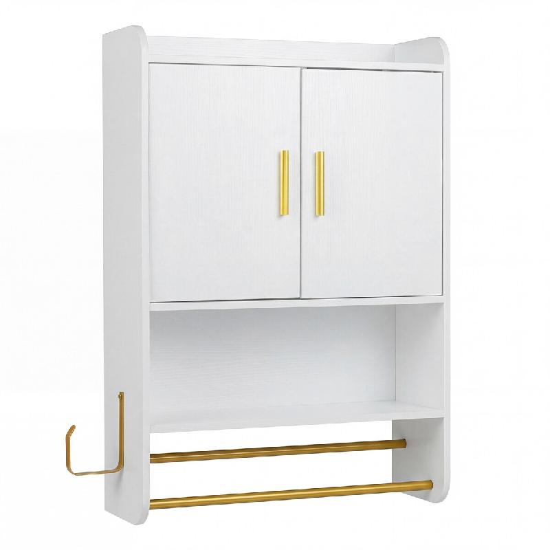 COSTWAY Armoire salle de bain, placard avec 2 portes, étagère ouverte, porte-serviette, clayette réglable et crochets - blanc Bois manufacturé NM0_0