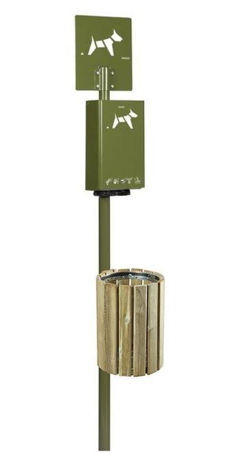 Distributeur de sacs hygiène canine avec poubelle en bois - borne de propreté sur poteau_0