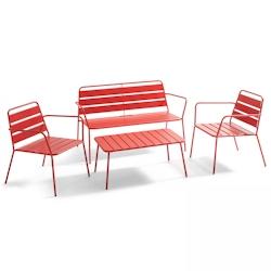 Oviala Business Salon de terrasse 4 places et 1 table basse en acier rouge - rouge acier 105437_0