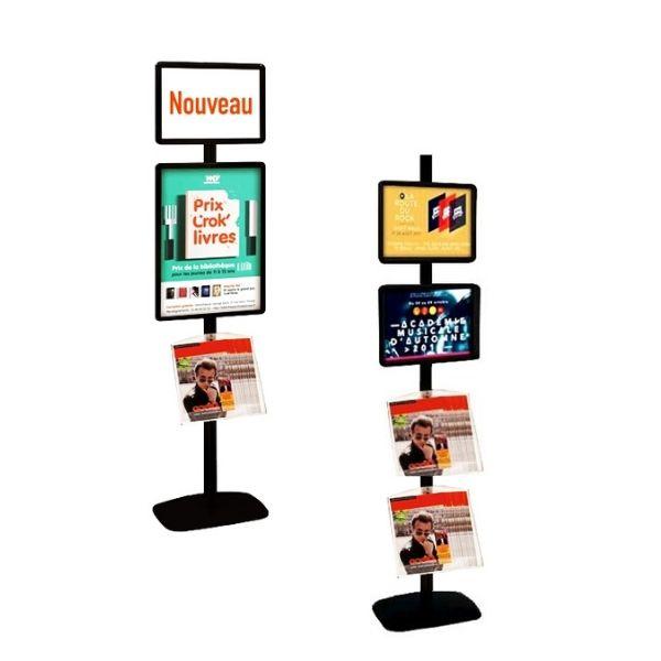 PORTE-AFFICHE CADRO-CLIC® 2 X A3 + 2 ÉTAGÈRES SUR PIED H 203 CM NOIR