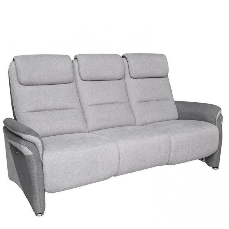 Canapé relax 3 places électrique ZILIA - tissu gris clair et gris foncé - têtières ajustables et tablette centrale_0