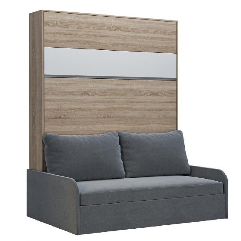 Armoire lit escamotable Bermudes Sofa - Chêne bandeau blanc, canapé gris 160x200 cm avec coffre et finition européenne_0