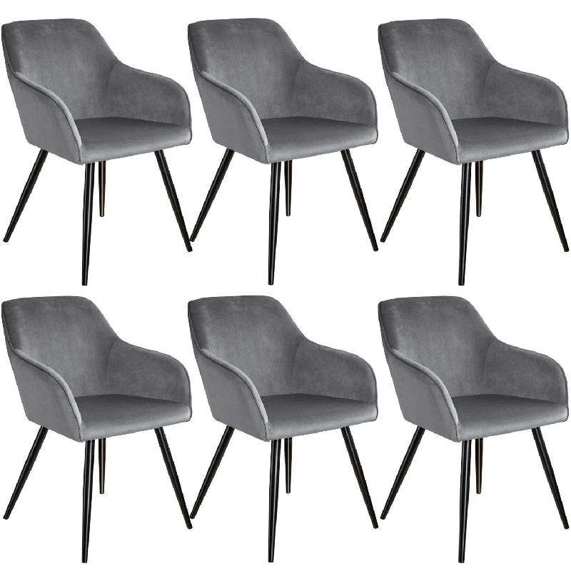 Lot de 6 chaises design élégant - Velours gris - Pieds noirs - Salle à manger, salon, cuisine - Réf. 08_0000017_0