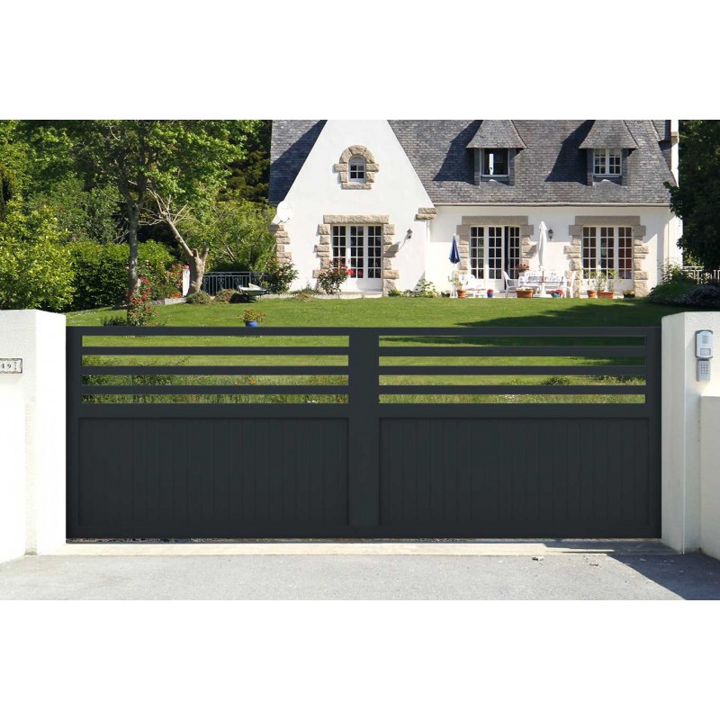 Portail coulissant aluminium - Muguet - simple vantail - droit - semi-ajouré - thermolaqué - fabriqué en Bretagne_0